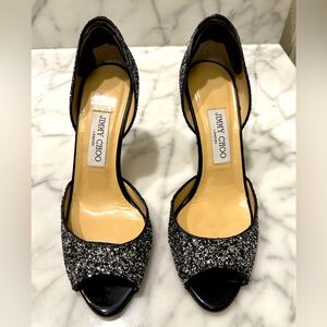 Jimmy Choo Black and Silver Glitter D’Orsay Heel